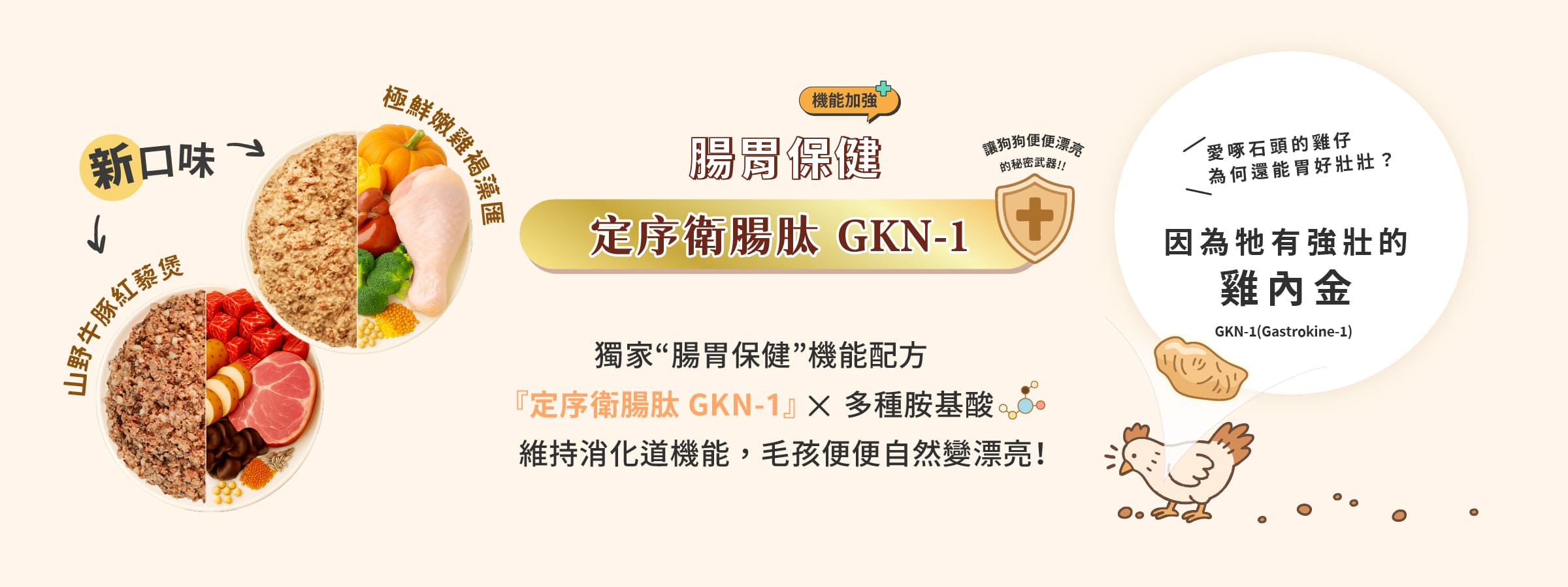 毛力士狗狗鮮食餐包，全新口味上市，添加腸胃保健配方「定序衛腸肽GKN-1」，牛豬口味和純雞肉口味