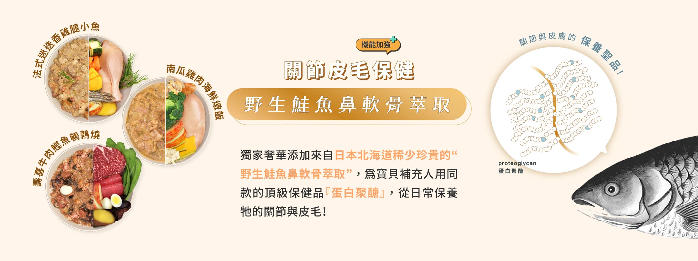 毛力士狗狗鮮食餐包，獨家奢華添加珍貴的“野生鮭魚鼻軟骨萃取”，幫補充狗狗頂級保健品『蛋白聚醣』，從日常保養牠的關節與皮膚